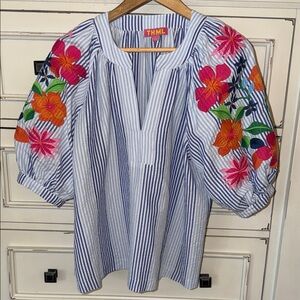 THML Blue & White Striped Tunic with Pink and Orange Floral Embroidery